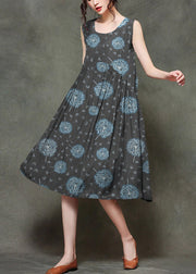 Casual black-checkered O-Neck Wrinkled Long Dresses Sleeveless