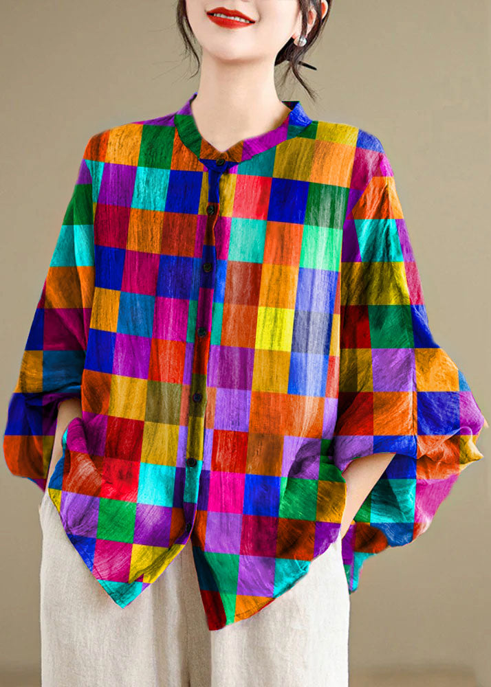 Loose Rainbow Striped Button Linen Blouses Batwing Sleeve