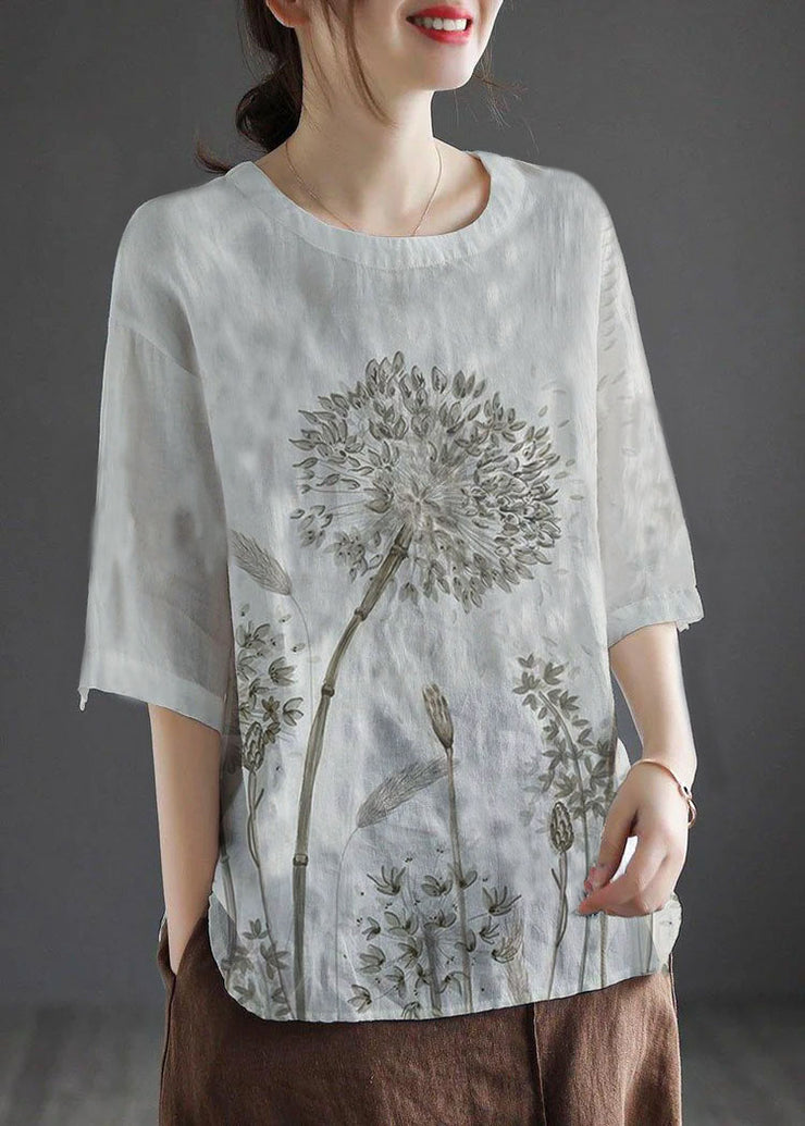 Bohemian White O-Neck Embroidered Floral Summer Linen Tops Half Sleeve