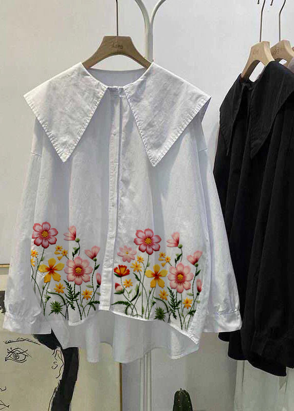 Bohemian pink-flower Peter Pan Collar Button asymmetrical design Fall Long sleeve Top