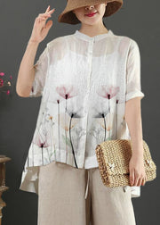 Art White feathers embroidery linen top for women stand collar Midi summer top