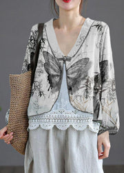 Grey texture V Neck Embroideried Summer Ramie Cardigan Long Sleeve