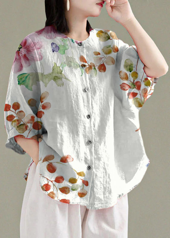 Art White floral patchwork O-Neck Button Linen Loose Shirt Top Lantern Sleeve
