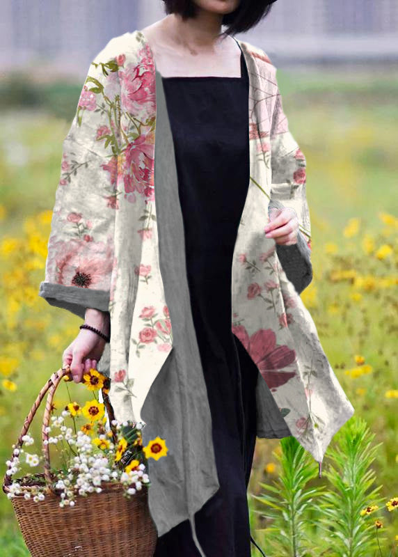 Green Flowers Natural linen top silhouette plus size Casual Pure Color Lacing Long Sleeve Coat