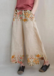 Handmade White flowers Dandelion Wide Leg Pants Summer Cotton Linen