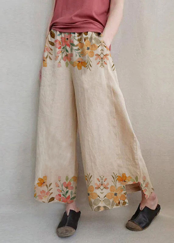 Handmade Khaki Print Dandelion Wide Leg Pants Summer Cotton Linen