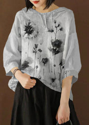 Unique Blouse Indian Linen Summer Literary White flowers Hooded Three Quarter Sleeve T-shirt