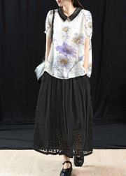 Bohemian white flowers and birds Patchwork Turn-down Collar Summer Short Sleeve Top