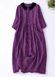 Organic Purple Plaid Peter Pan Collar Patchwork Linen Dresses Summer