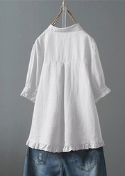 Grace White Ruffled Button Solid Cotton Shirt Summer