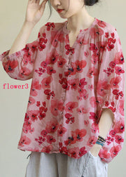 Italian Pink-purple flower V Neck Button Loose Fall Half Sleeve Blouse Top