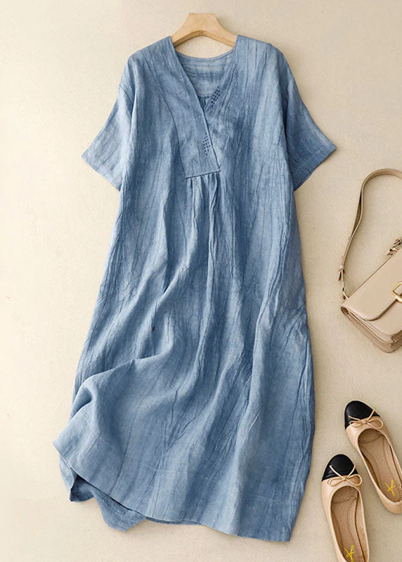 Grace Blue V Neck Wrinkled Patchwork Linen Mid Dress Summer