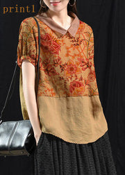 Bohemian Khaki-red flower Patchwork Turn-down Collar Summer Short Sleeve Top