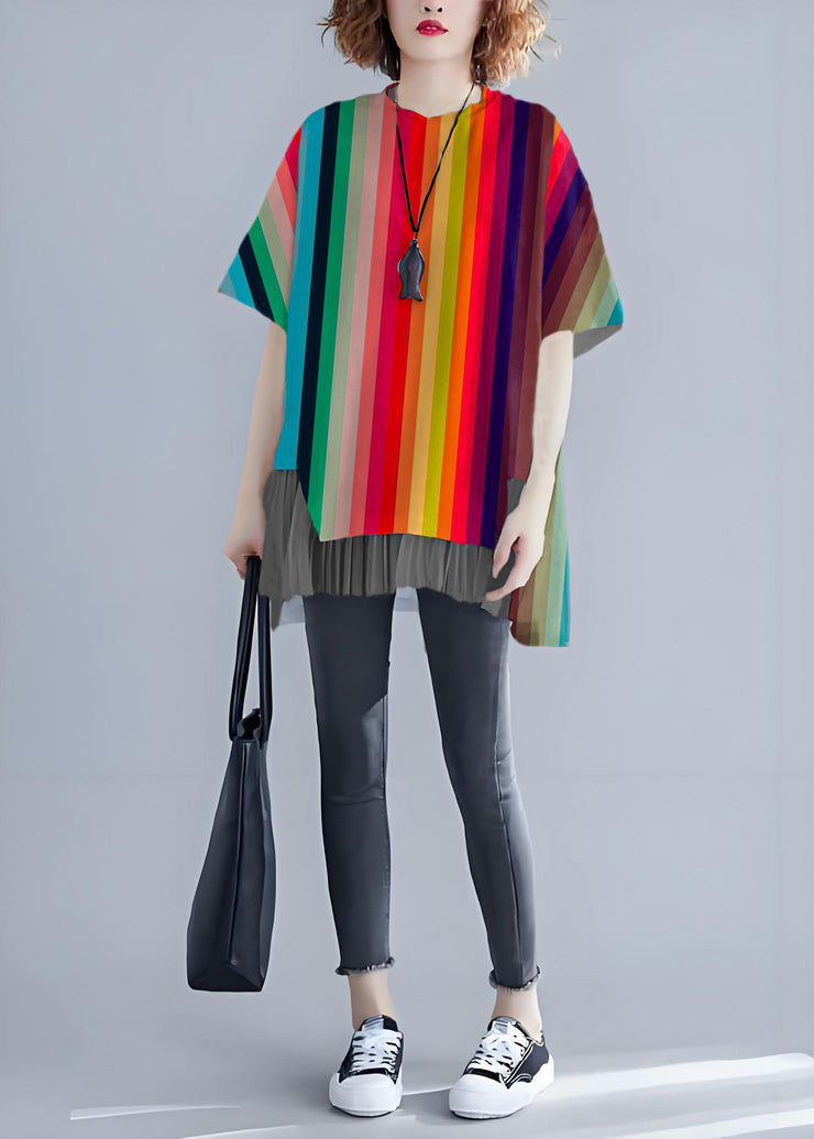 Classy Colorful stripes linen top silhouette Inspiration o neck patchwork summer blouse