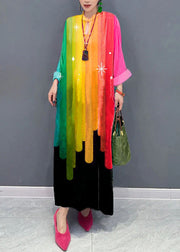 Colorful stripes Stand Collar Silk Velvet Maxi Dresses Fall