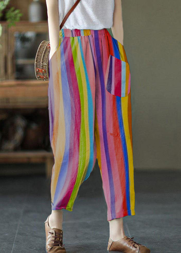 French Color Stripes Elastic Waist Harem Summer Pants Linen