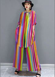 Boho Colorful stripes Peter Pan Collar shirt wide leg pants Satin Two Pieces Set Spring