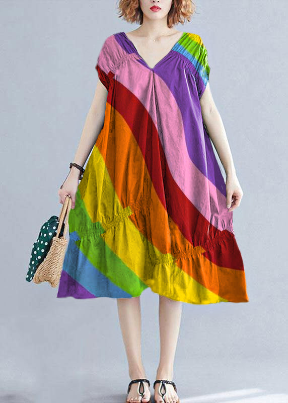 DIY v neck Cinched Cotton clothes Shape  Color stripes Dresses