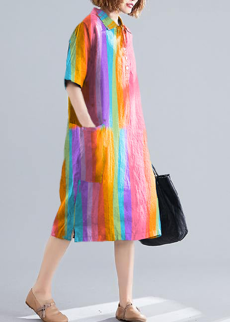 Women Color stripes Cotton quilting clothes lapel pockets Plus Size Dress