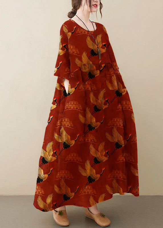 Natural  red O-Neck Pockets Print Summer Sundress