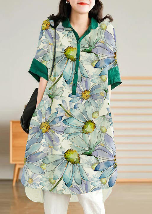 Jade Blue flower Linen Women Casual Linen Shirt Dress