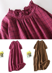 Coffee Plaid Patchwork Linen Dress Ruffled Button Grace