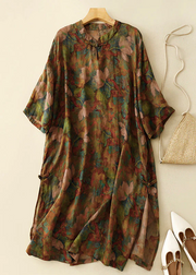 Grace Stand Collar Button Print Linen Dress Summer