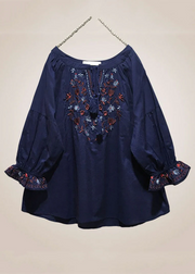 Grace Red Embroidered Lace Up Cotton Shirt Long Sleeve