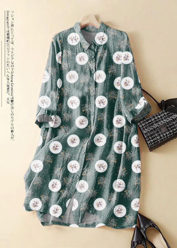 Fashion green polka dots Embroidered Patchwork Linen Shirt Dress Summer