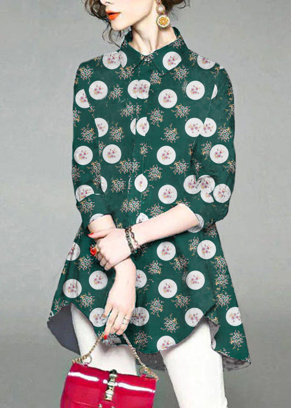 Handmade Green dot Peter Pan Collar Embroidered Asymmetrical Design Cotton Long Shirt Half Sleeve