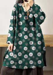 Vintage green polka dots V Neck Embroidered Patchwork Linen Mid Dresses Fall