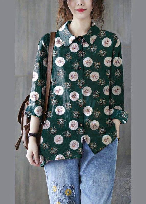 Unique Grey Peter Pan Collar Button Print Fall Blouses Long sleeve