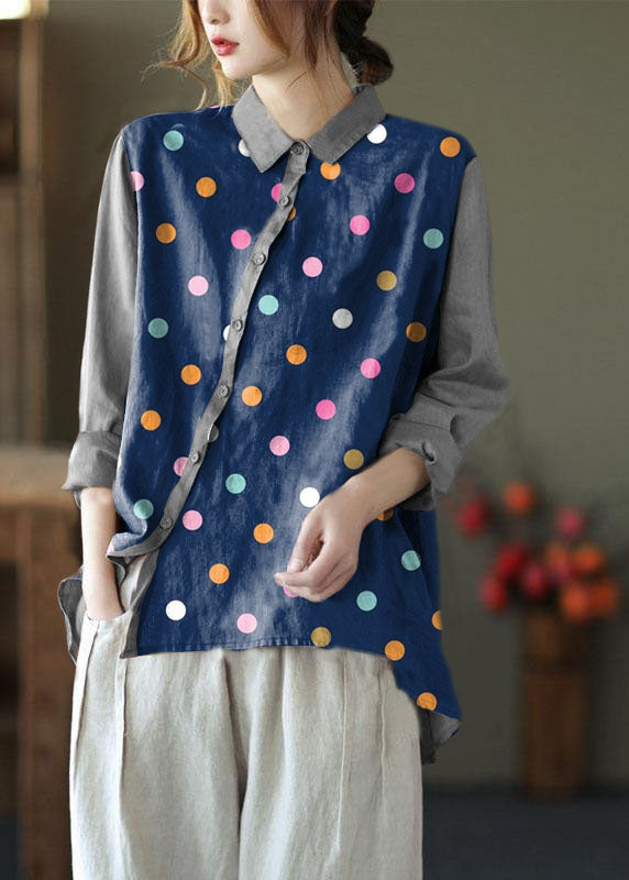 Chic Blue dots Peter Pan Collar Button Spring Asymmetrical Design Top Long Sleeve