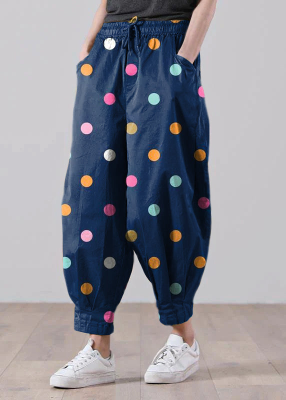 Loose Blue dots tie waist Pockets Harem Pants Summer Cotton