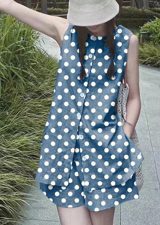 French Blue Polka Dots Tops And Shorts Linen Two Piece Set Summer