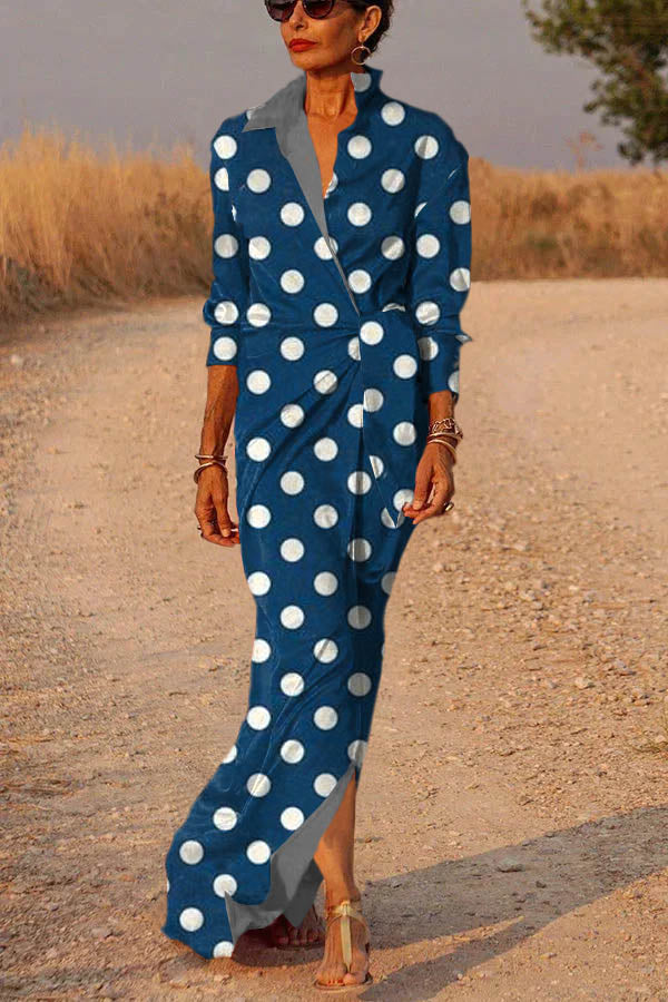 Blue dots Satin Wrap Shirt Maxi Dress