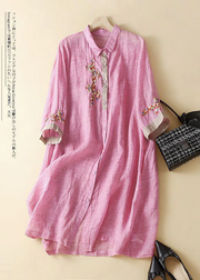 Fashion Pink Embroidered Patchwork Linen Shirt Dress Grace