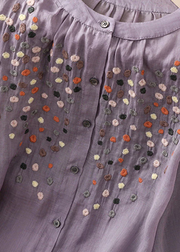 Grace Purple O Neck Embroideried Side Open Linen Blouse Spring