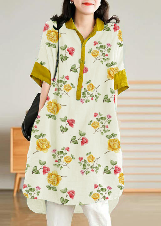 Jade Pink-flower Linen Women Casual Linen Shirt Dress