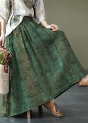 Women green texture Print Ramie Elastic Waist Skirt