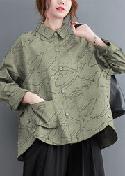 Grey-floral Patchwork Cotton Shirt Top Oversized Pockets Fall