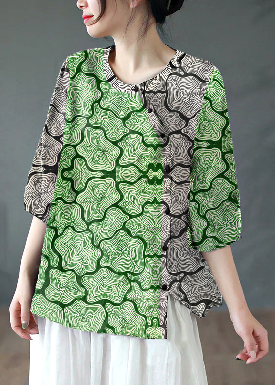 Vintage Green texture Asymmetrical Button Patchwork Linen Shirt Summer