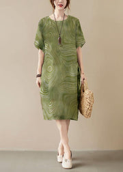 Classy Green-texture Print O-Neck Pockets Summer Maxi Dresses Half Sleeve