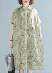 Modern lapel Cotton clothes For Women Work Outfits green texture Dress