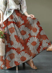 Women brown-tree Print Ramie Elastic Waist Skirt
