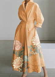 2024 Apricot flowers Peter Pan Collar Pockets Cotton Dress Long Sleeve