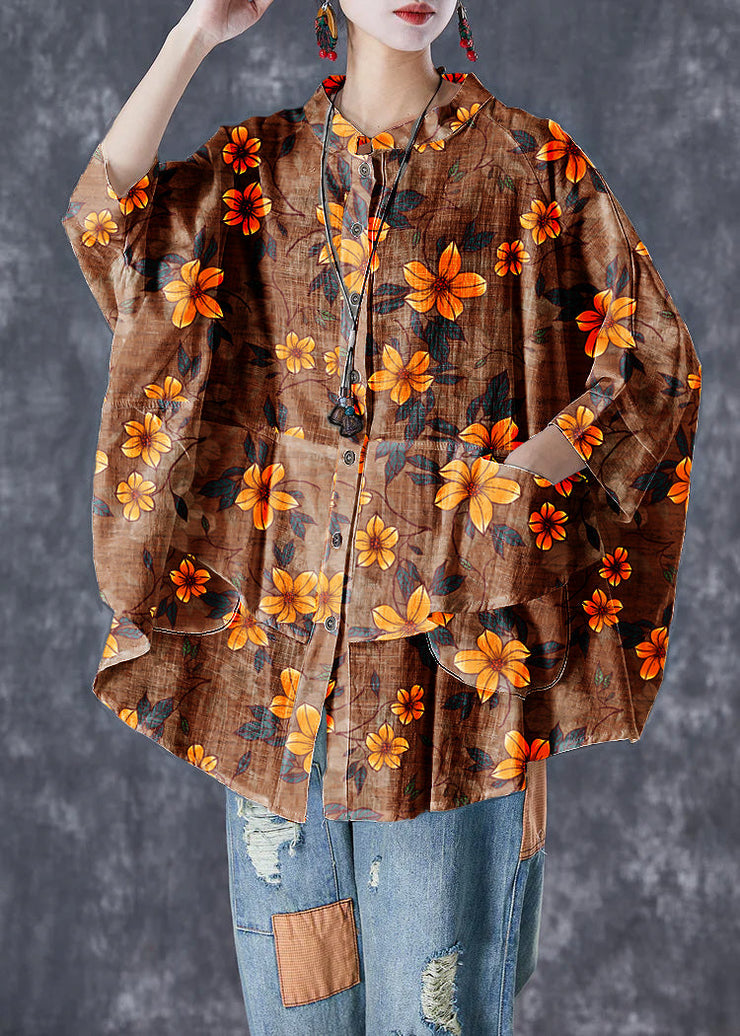 Plus Size Orange-Flower Stand Collar Patchwork Linen Shirt Tops Batwing Sleeve
