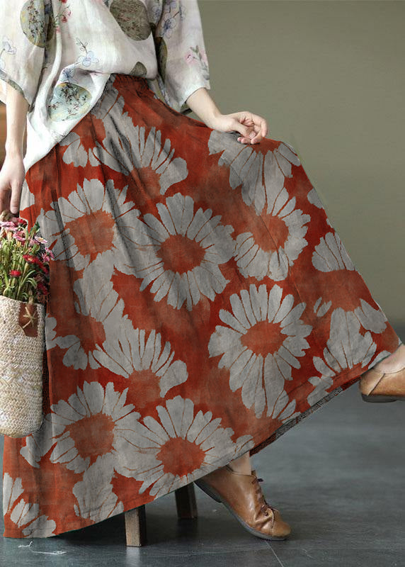 Women brown-Pumpkin Print Ramie Elastic Waist Skirt