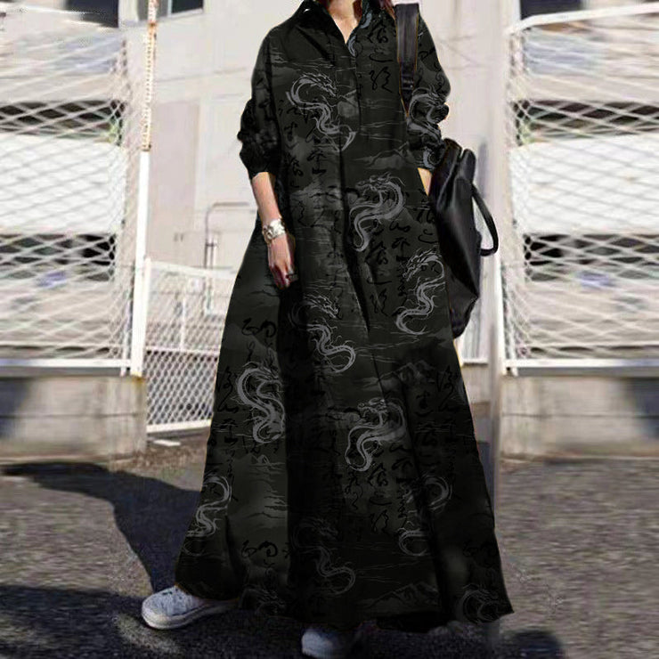 Women Gray Dandelion Print Lapel Bohemian Loose Long Sleeve Maxi Shirt Dress With Pocket