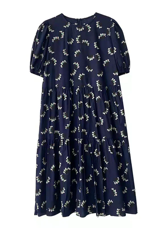 Grace blue prints cotton dress Cinched A Line summer Dresses